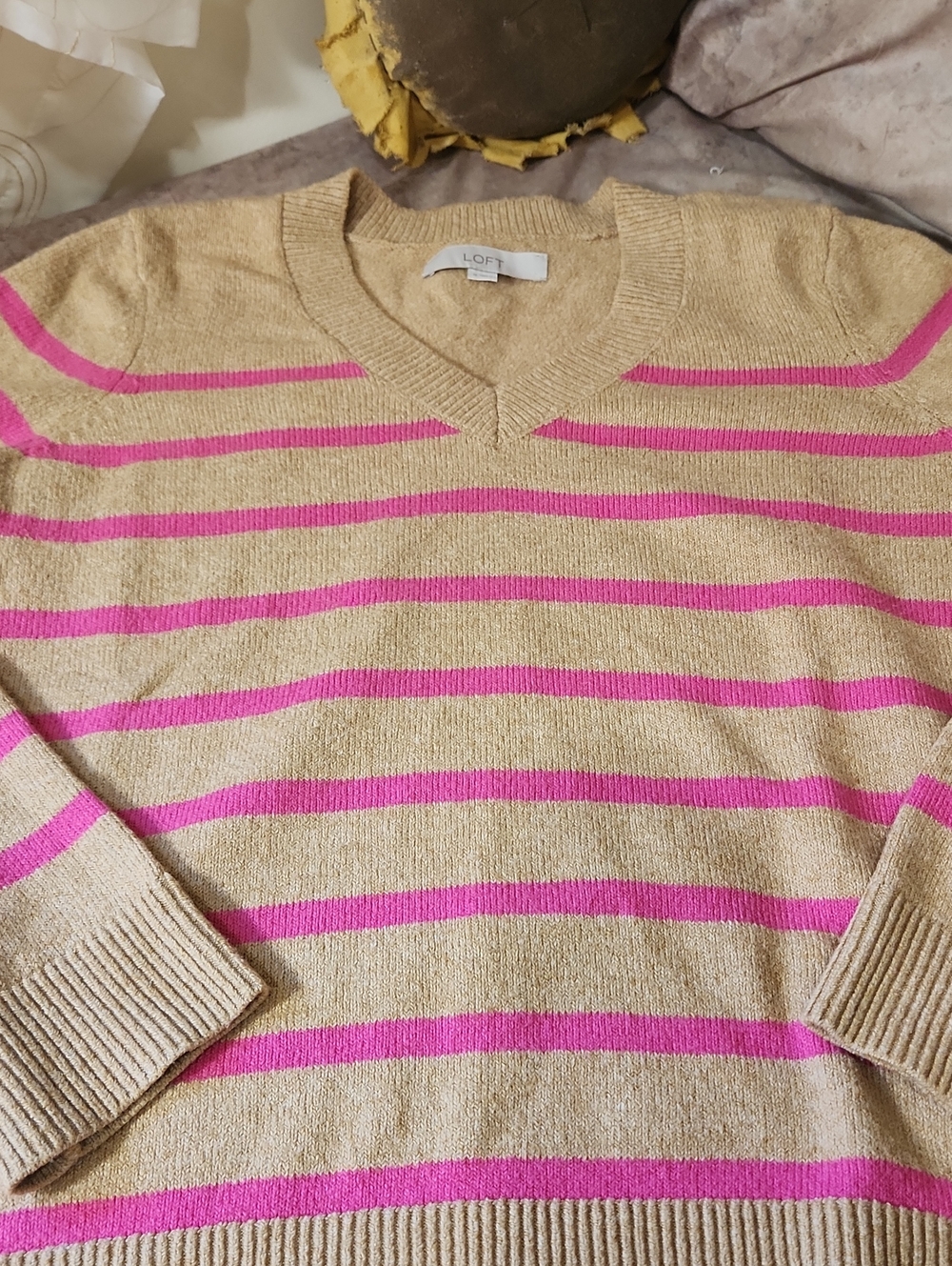 LOFT Beige Sweater with Pink Stripe V-Neck